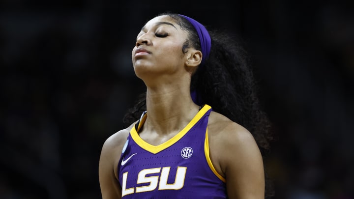 Apr 1, 2024; Albany, NY, USA; LSU Lady Tigers forward Angel Reese (10) reacts in the fourth quarter