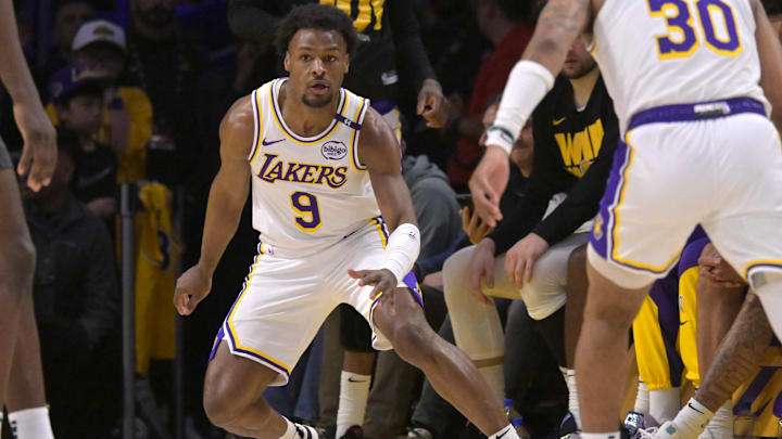 Apr 19, 2025; Los Angeles, California, USA; Los Angeles Lakers guard Bronny James (9) defends on the court in the second half against the Minnesota Timberwolves at Crypto.com Arena. Mandatory Credit: Jayne Kamin-Oncea-Imagn Images Apr 19, 2025; Los Angeles, California, USA; Los Angeles Lakers guard Bronny James (9) defends on the court in the second half against the Minnesota Timberwolves at Crypto.com Arena. Mandatory Credit: Jayne Kamin-Oncea-Imagn Images