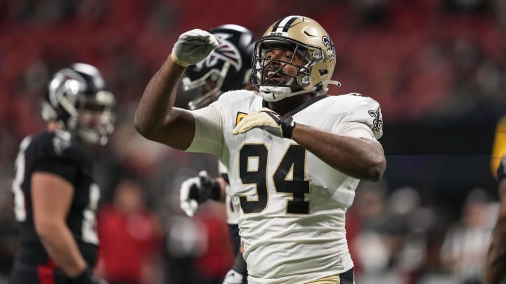 Jan 9, 2022; Atlanta, Georgia, USA; New Orleans Saints defensive end Cameron Jordan (94) reacts after sacking the quarterback against the Atlanta Falcons during the second half at Mercedes-Benz Stadium. Mandatory Credit: Dale Zanine-USA TODAY Sports