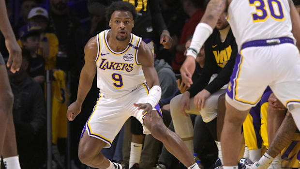 Apr 19, 2025; Los Angeles, California, USA; Los Angeles Lakers guard Bronny James (9) defends on the court in the second half