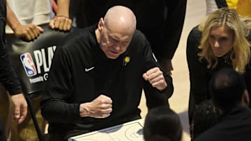 May 6, 2025; Cleveland, Ohio, USA; Indiana Pacers head coach Rick Carlisle reacts during a timeout in the fourth quarter during game two of the second round of the 2025 NBA Playoffs against the Cleveland Cavaliers at Rocket Arena. Mandatory Credit: David Richard-Imagn Images