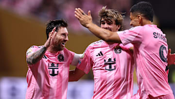 Lionel Messi, Benjamin Cremaschi and Luis Suarez celebrate a goal in Inter Miami CF's 2-1 Club World Cup win against Porto FC.