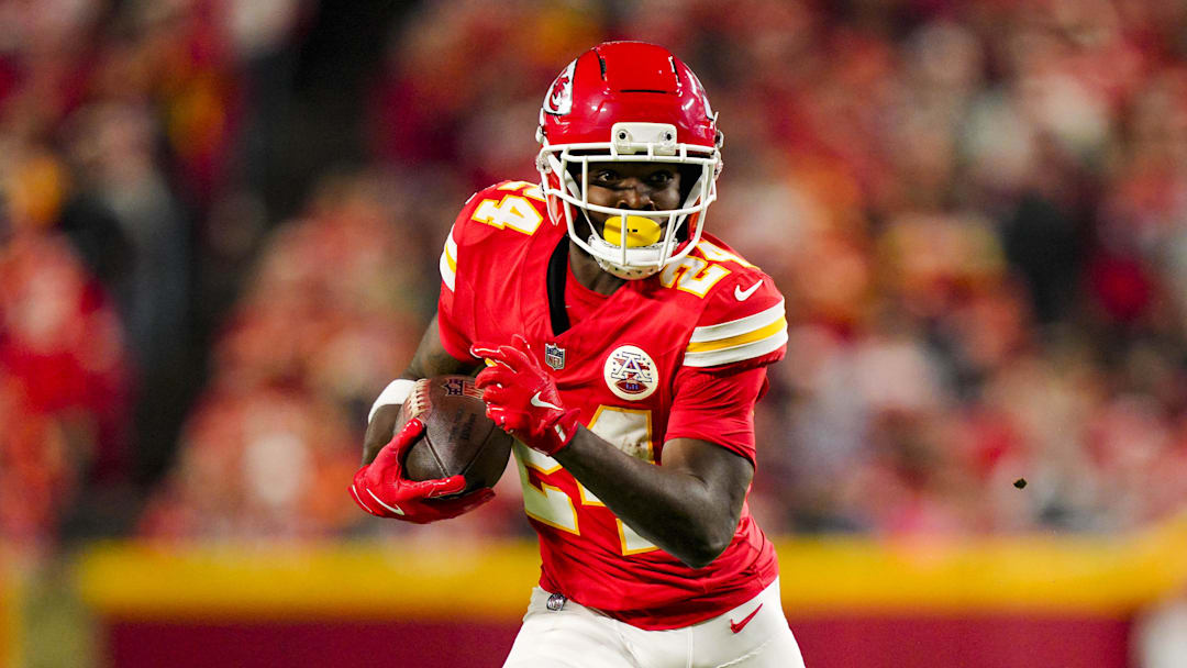 Oct 27, 2025; Kansas City, Missouri, USA; Kansas City Chiefs running back Brashard Smith (24) runs the ball during the first half against the Washington Commanders at GEHA Field at Arrowhead Stadium. Mandatory Credit: Jay Biggerstaff-Imagn Images