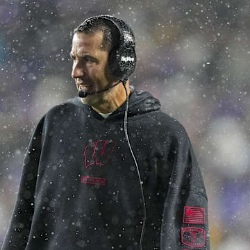 Nov 8, 2025; Madison, Wisconsin, USA;  Wisconsin Badgers head coach Luke Fickell during the game against the Washington Huskies at Camp Randall Stadium.