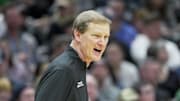 Mar 23, 2025; Seattle, WA, USA;  Oregon Ducks head coach Dana Altman works the sideline against the Arizona Wildcats in the first half at Climate Pledge Arena. Mandatory Credit: Stephen Brashear-Imagn Images