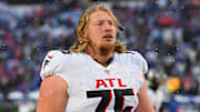 Atlanta Falcons offensive tackle Kaleb McGary (76) went down with an injury at practice. 