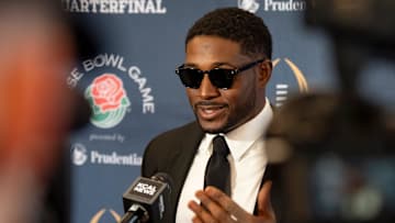 Reggie Bush speaks on unionizing college football players during the Rose Bowl Hall of Fame induction ceremony at the University Club of Pasadena in Pasadena, Calif. Tuesday, Dec. 31, 2024.