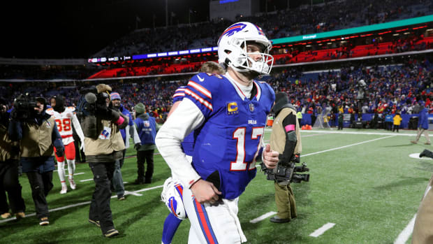 Buffalo Bills quarterback Josh Allen (17) runs off the field after a 27-24 loss to the Chiefs in the divisional round.