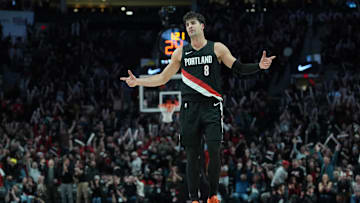 Nov 19, 2025; Portland, Oregon, USA; Portland Trail Blazers forward Deni Avdija (8) celebrates  after making a three-point shot during the second half against the Chicago Bulls at Moda Center. Mandatory Credit: Soobum Im-Imagn Images