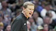 Mar 23, 2025; Seattle, WA, USA;  Oregon Ducks head coach Dana Altman works the sideline against the Arizona Wildcats in the first half at Climate Pledge Arena. Mandatory Credit: Stephen Brashear-Imagn Images