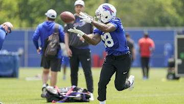 Jun 11, 2025; Orchard Park, NY, USA; Buffalo Bills wide receiver Elijah Moore (18) makes a catch during Minicamp at Highmark Stadium. Mandatory Credit: Gregory Fisher-Imagn Images