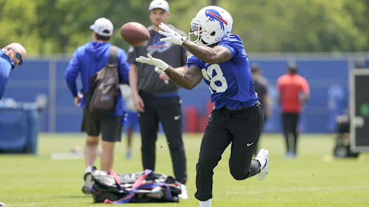Buffalo Bills wide receiver Elijah Moore makes a catch during Minicamp at Highmark Stadium. 