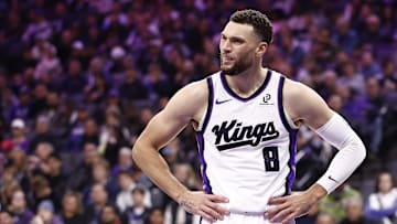 Nov 30, 2025; Sacramento, California, USA; Sacramento Kings guard Zach LaVine (8) reacts after a play against the Memphis Grizzlies during the second quarter at Golden 1 Center. Mandatory Credit: Kelley L Cox-Imagn Images