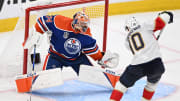 Jun 13, 2024; Edmonton, Alberta, CAN; Florida Panthers right wing Vladimir Tarasenko (10) scores goal on Edmonton Oilers goaltender Stuart Skinner (74) in the second period in game three of the 2024 Stanley Cup Final at Rogers Place. Mandatory Credit: Walter Tychnowicz-USA TODAY Sports