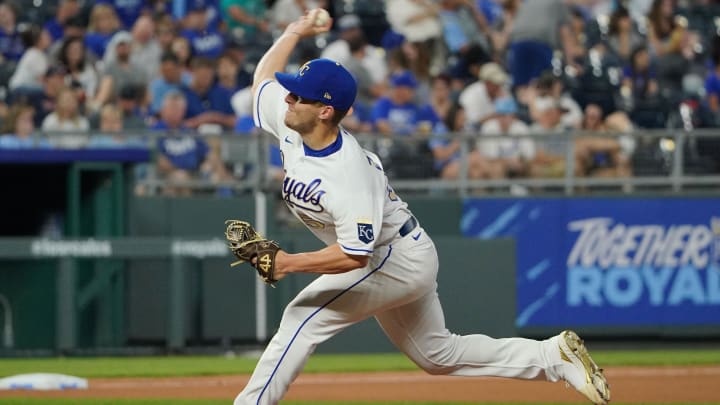 Jun 4, 2021; Kansas City, Missouri, USA; Kansas City Royals relief pitcher Tyler Zuber (53) delivers a pitch during the game against the Minnesota Twins at Kauffman Stadium. Mandatory Credit: Denny Medley-USA TODAY Sports