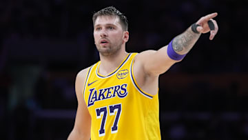 Oct 24, 2025; Los Angeles, California, USA; Los Angeles Lakers guard Luka Doncic (77) gestures in the second half against the Minnesota Timberwolves at Crypto.com Arena. Mandatory Credit: Kirby Lee-Imagn Images