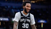 Oct 13, 2025; Indianapolis, Indiana, USA; San Antonio Spurs forward Julian Champagnie (30) in the second half against the Indiana Pacers at Gainbridge Fieldhouse.