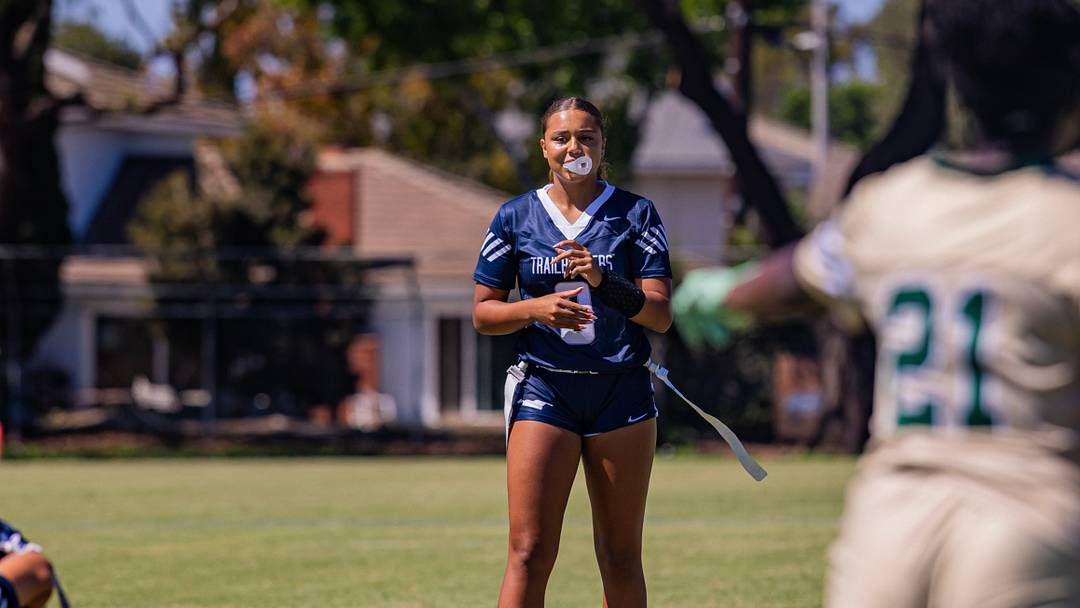 Makena Cook prepares to take the snap in her first official game with the Sierra Canyon Trailblazers. 