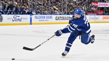 Mar. 2, 2024; Toronto, Ontario, CAN;  Toronto Maple Leafs defenseman TJ Brodie (78) shoots the puck
