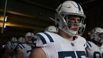 Sep 24, 2023; Baltimore, Maryland, USA; Indianapolis Colts guard Will Fries (75) stands with teammates before the game against the Baltimore Ravens at M&T Bank Stadium. Mandatory Credit: Tommy Gilligan-Imagn Images