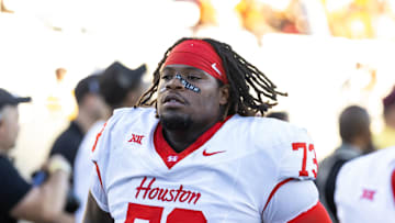 Oct 25, 2025; Tempe, Arizona, USA; Houston Cougars  offensive lineman Jason Brooks Jr. (73) against the Arizona State Sun Devils at Mountain America Stadium. Mandatory Credit: Mark J. Rebilas-Imagn Images