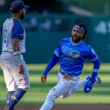 Oklahoma City outfielder Justin Dean (3) steals second base and then third after an over throw during a minor league baseball game between the Oklahoma City Comets and the Sugar Land Space Cowboys at Chickasaw Bricktown Ballpark in Oklahoma City, on Thursday, July 10, 2025.