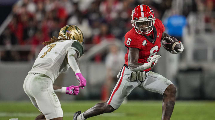 Sep 23, 2023; Athens, Georgia, USA; Georgia Bulldogs wide receiver Dominic Lovett (6) runs against UAB Blazers cornerback BJ Mayes (7)  at Sanford Stadium. Mandatory Credit: Dale Zanine-USA TODAY Sports