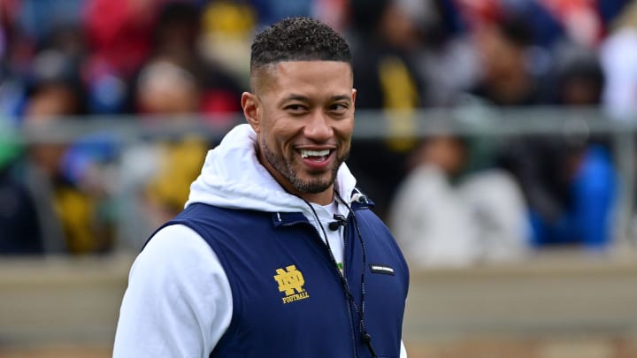 Apr 20, 2024; Notre Dame, IN, USA; Notre Dame Fighting Irish head coach Marcus Freeman watches in the Blue-Gold game at Notre Dame Stadium. Mandatory Credit: Matt Cashore-USA TODAY Sports