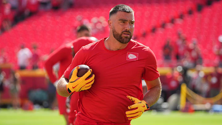 Sep 28, 2025; Kansas City, Missouri, USA; Kansas City Chiefs tight end Travis Kelce (87) warms up before the game against the Baltimore Ravens at GEHA Field at Arrowhead Stadium. Mandatory Credit: Denny Medley-Imagn Images