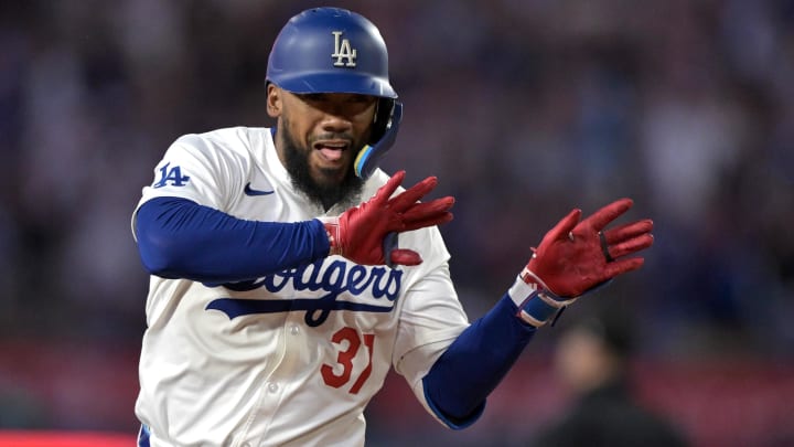 Aug 5, 2024; Los Angeles, California, USA;   Los Angeles Dodgers left fielder Teoscar Hernandez (37) celebrates as he rounds the bases after hitting a two-run home run in the third inning against the Philadelphia Phillies at Dodger Stadium.