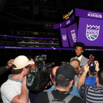 Jun 23, 2018; Sacramento, CA, USA; Sacramento Kings number two overall draft pick Marvin Bagley III speaks with the media during an introduction press conference at Golden 1 Center. Mandatory Credit: Sergio Estrada-USA TODAY Sports
