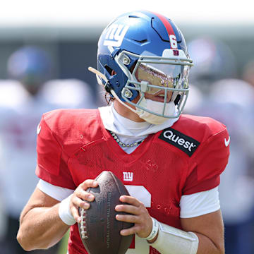 Aug 4, 2025; East Rutherford, NJ, USA;  New York Giants quarterback Jaxson Dart (6) drops back to pass during training camp at Quest Diagnostics Training Center. Mandatory Credit: Vincent Carchietta-Imagn Images