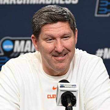 Mar 19, 2025; Providence, RI, USA;    Clemson Tigers head coach Brad Brownell speaks to the media during a press conference at Amica Mutual Pavilion. 