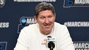 Mar 19, 2025; Providence, RI, USA;    Clemson Tigers head coach Brad Brownell speaks to the media during a press conference at Amica Mutual Pavilion. Mandatory Credit: Eric Canha-Imagn Images