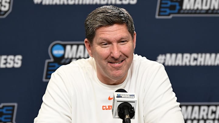 Mar 19, 2025; Providence, RI, USA;    Clemson Tigers head coach Brad Brownell speaks to the media during a press conference at Amica Mutual Pavilion. Mandatory Credit: Eric Canha-Imagn Images
