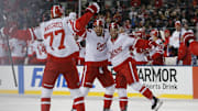 Mar 1, 2025; Columbus, Ohio, USA; Detroit Red Wings right wing Alex DeBrincat (93) celebrates his goal against the Columbus Blue Jackets during the third period at Ohio Stadium. Mandatory Credit: Russell LaBounty-Imagn Images