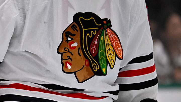 Oct 26, 2024; Dallas, Texas, USA; A view of the logo on the jersey of Chicago Blackhawks goaltender Petr Mrazek (34) during the game between the Dallas Stars and the Chicago Blackhawks at American Airlines Center. Mandatory Credit: Jerome Miron-Imagn Images