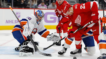 Nov 20, 2025; Detroit, Michigan, USA;  Detroit Red Wings center Mason Appleton (22) tries to score on New York Islanders goaltender Ilya Sorokin (30) in the second period at Little Caesars Arena. Mandatory Credit: Rick Osentoski-Imagn Images