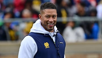 Apr 20, 2024; Notre Dame, IN, USA; Notre Dame Fighting Irish head coach Marcus Freeman watches in the Blue-Gold game at Notre Dame Stadium. Mandatory Credit: Matt Cashore-Imagn Images