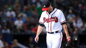 Former Atlanta Braves starting pitcher Shelby Miller (17) reacts after getting pulled from the game in the fourth inning of their game against the Toronto Blue Jays at Turner Field.