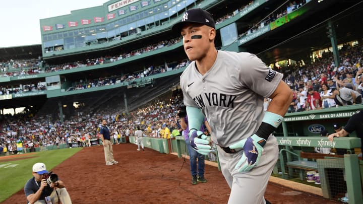 Jun 15, 2024; Boston, Massachusetts, USA;  New York Yankees center fielder Aaron Judge (99) takes the field prior to a game against the Boston Red Sox at Fenway Park. Mandatory Credit: Bob DeChiara-USA TODAY Sports