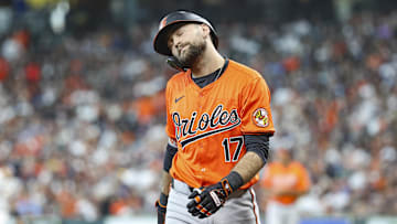 Jun 22, 2024; Houston, Texas, USA; Baltimore Orioles right fielder Colton Cowser (17) reacts after striking out during the second inning against the Houston Astros at Minute Maid Park. Mandatory Credit: Troy Taormina-Imagn Images