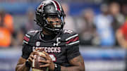 Aug 31, 2025; Atlanta, Georgia, USA; South Carolina Gamecocks quarterback LaNorris Sellers (16) drops back to pass against the Virginia Tech Hokies during the second half at Mercedes-Benz Stadium. Mandatory Credit: Dale Zanine-Imagn Images