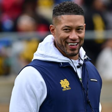 Apr 20, 2024; Notre Dame, IN, USA; Notre Dame Fighting Irish head coach Marcus Freeman watches in the Blue-Gold game at Notre Dame Stadium. Mandatory Credit: Matt Cashore-USA TODAY Sports