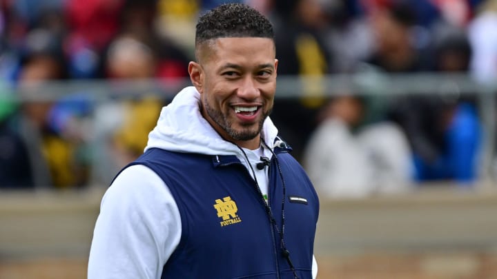 Apr 20, 2024; Notre Dame, IN, USA; Notre Dame Fighting Irish head coach Marcus Freeman watches in the Blue-Gold game at Notre Dame Stadium. Mandatory Credit: Matt Cashore-USA TODAY Sports