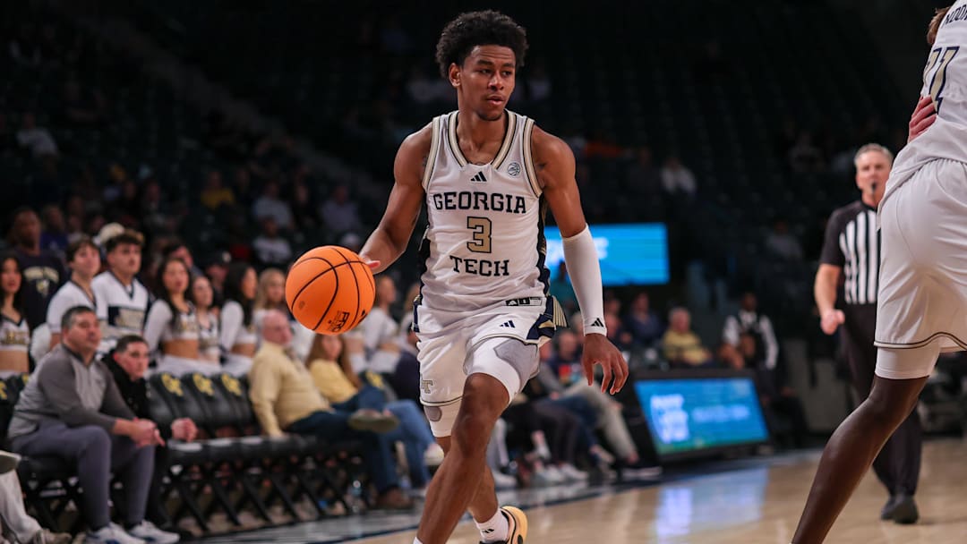 Feb 18, 2026; Atlanta, Georgia, USA; Georgia Tech Yellow Jackets guard Jaeden Mustaf (3) dribbles against the Virginia Cavaliers in the second half at McCamish Pavilion. Mandatory Credit: Brett Davis-Imagn Images
Feb 18, 2026; Atlanta, Georgia, USA; Georgia Tech Yellow Jackets guard Jaeden Mustaf (3) dribbles against the Virginia Cavaliers in the second half at McCamish Pavilion. Mandatory Credit: Brett Davis-Imagn Images