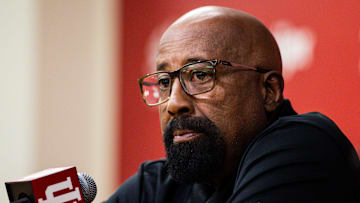 Indiana Hoosiers head coach Mike Woodson listens to a question Wednesday, Sept. 18, 2024, during IU men’s and women’s basketball media day at Simon Skjodt Assembly Hall in Bloomington.