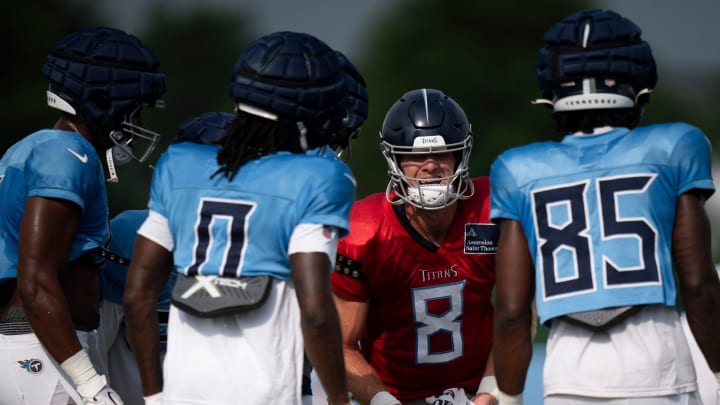 Tennessee Titans quarterback Will Levis (8) calls a play during training camp at Ascension Saint Thomas Sports Park Thursday, Aug. 8, 2024.