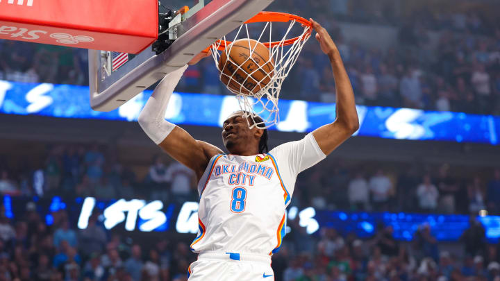 May 18, 2024; Dallas, Texas, USA; Oklahoma City Thunder forward Jalen Williams (8) dunks during the first quarter against the Dallas Mavericks in game six of the second round of the 2024 NBA playoffs at American Airlines Center. Mandatory Credit: Kevin Jairaj-USA TODAY Sports