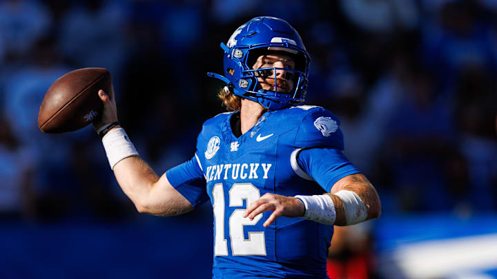 Sep 7, 2024; Lexington, Kentucky, USA; Kentucky Wildcats quarterback Brock Vandagriff (12) throws the ball during the third quarter against the South Carolina Gamecocks at Kroger Field. Mandatory Credit: Jordan Prather-Imagn Images